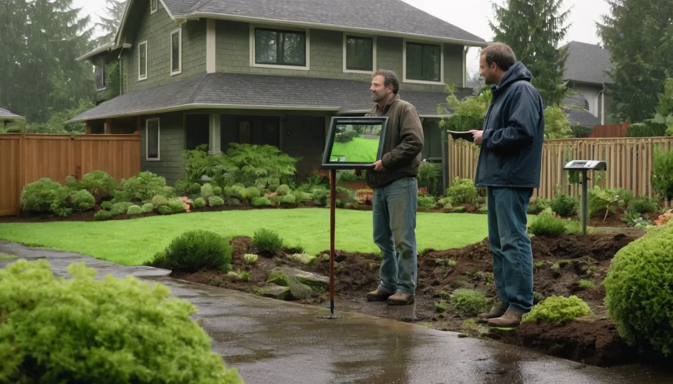 Provider reviewing a sewer line camera inspection with a homeowner in a yard near Lacey